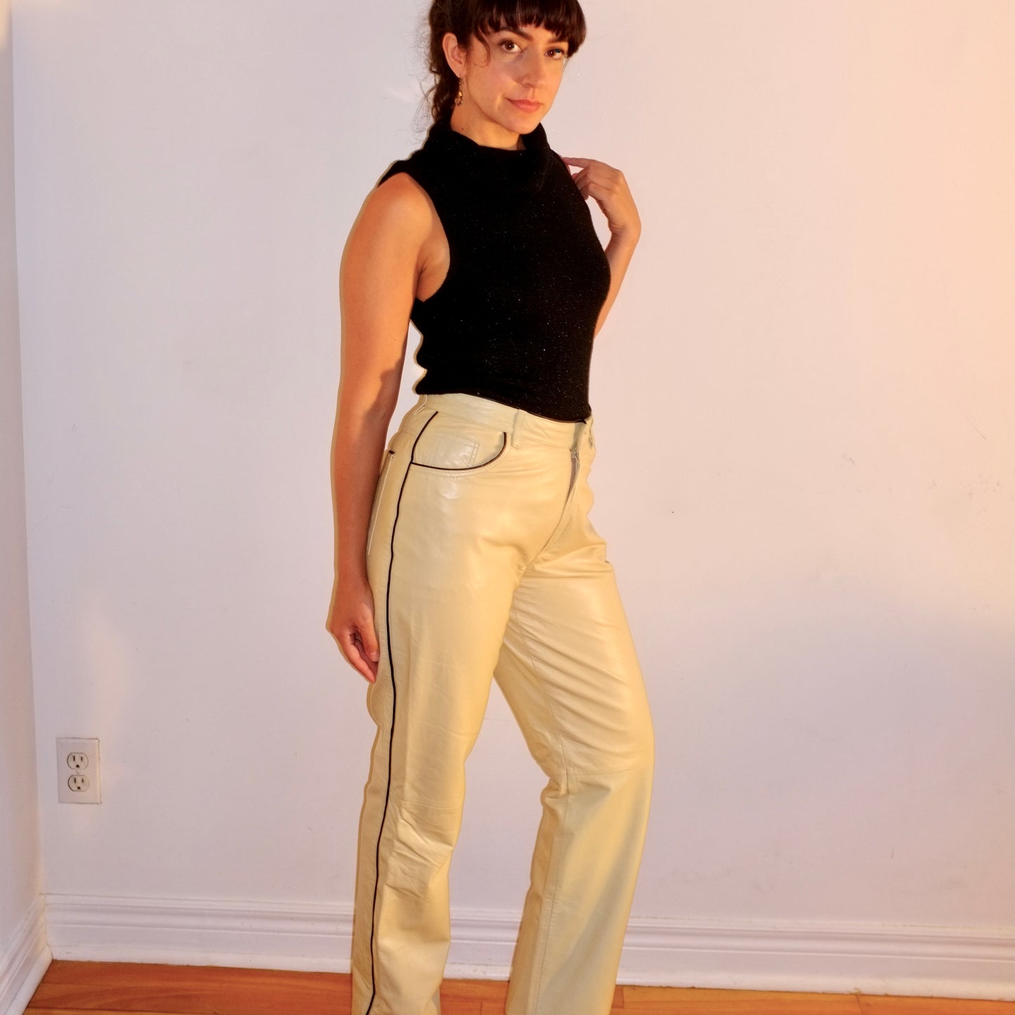 Piped Cream Leather Pant