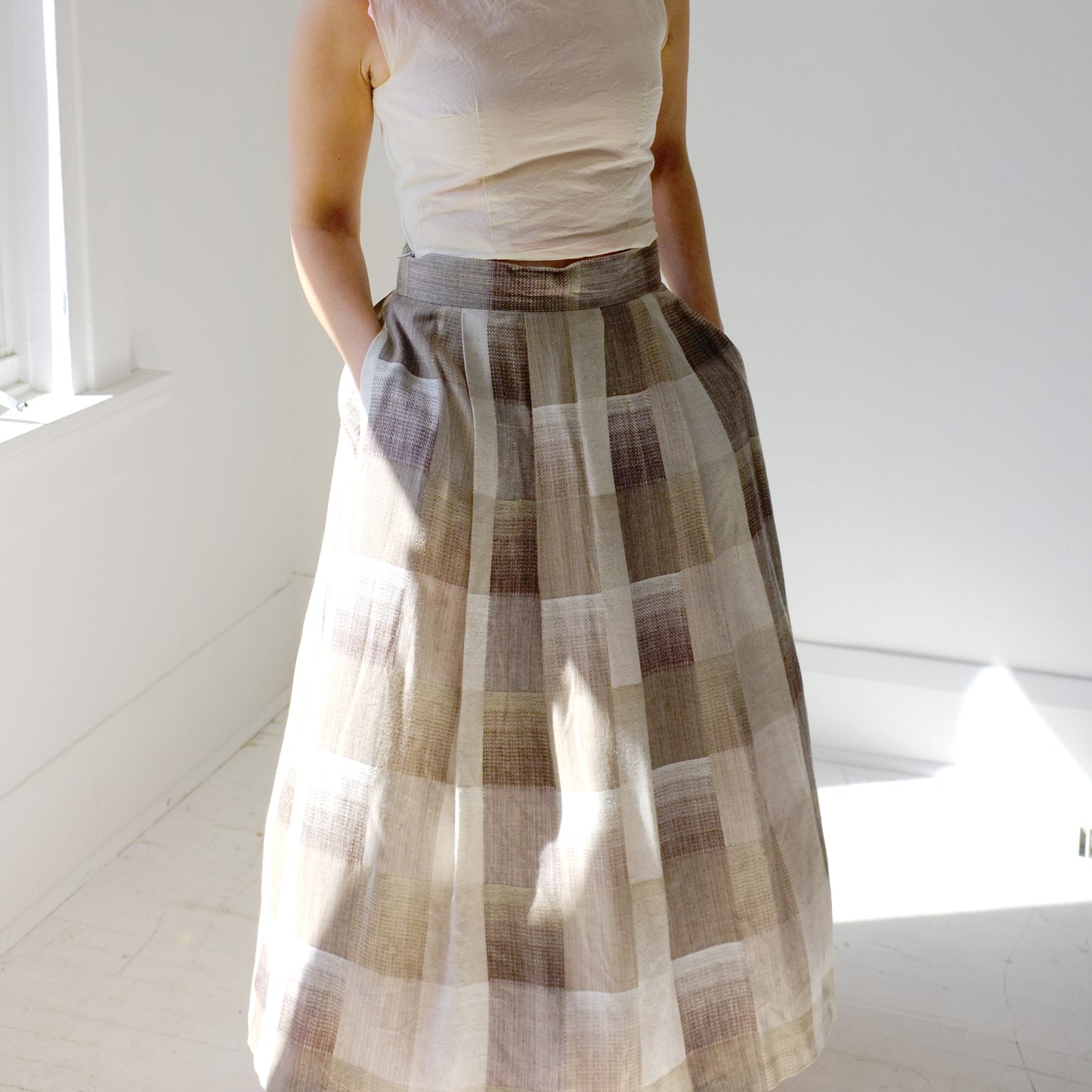 Cinch Waist Plaid Midi Skirt