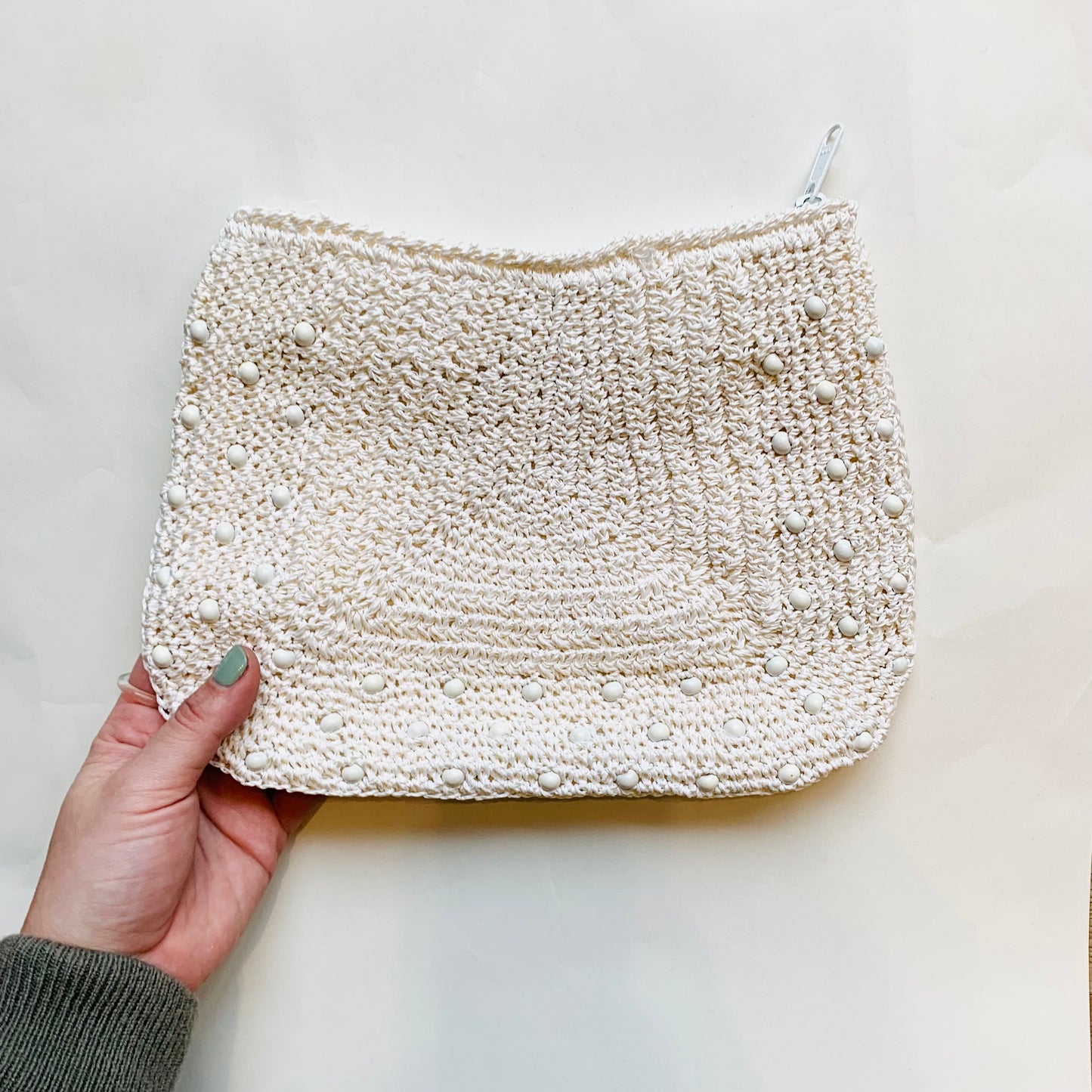 Woven White Beaded Clutch